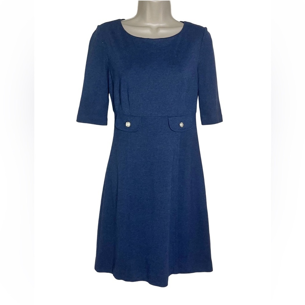 Trina Turk Dress Womens Size XS Blue Round Neck 3/4 Sleeves Zip Back Work Career